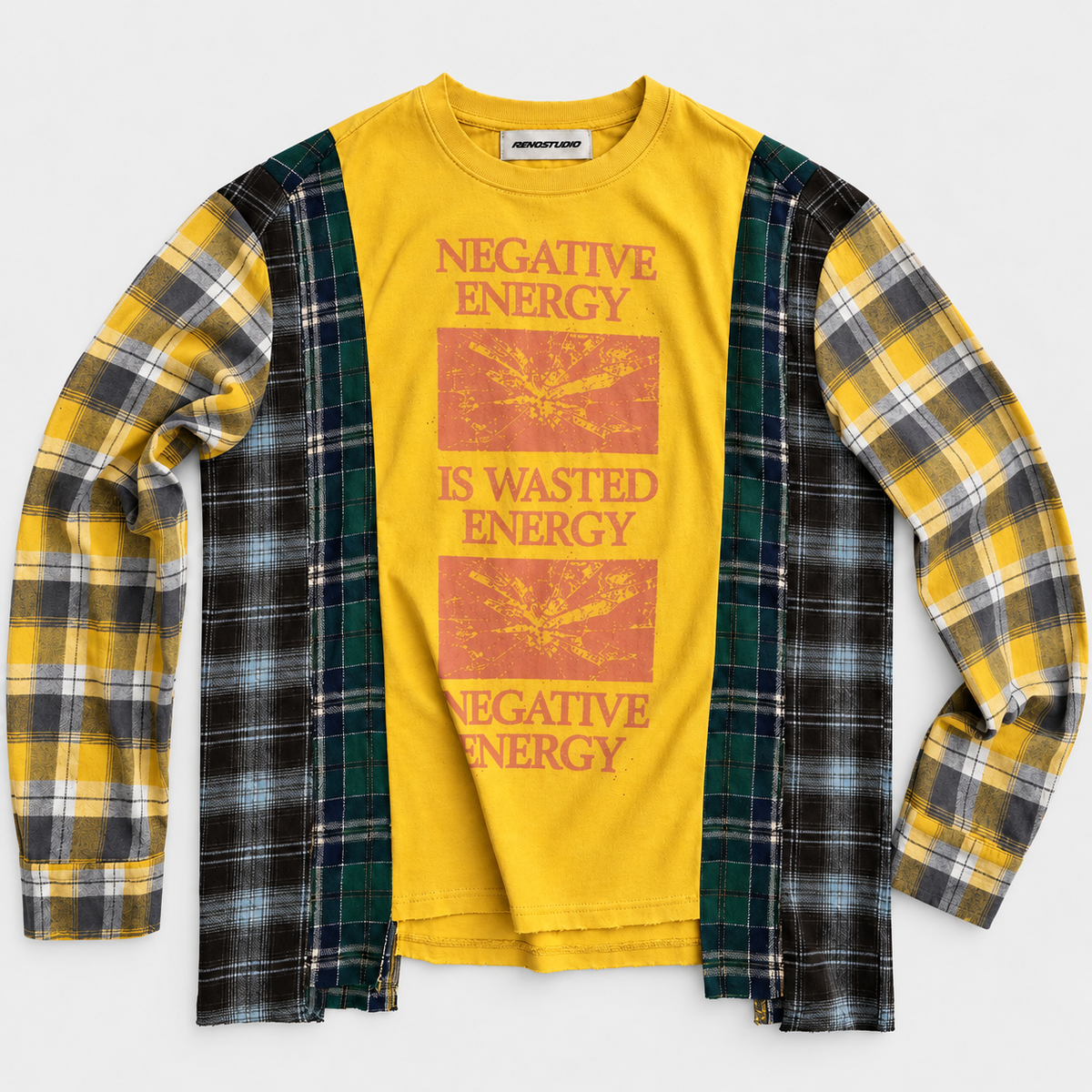 Reworked Plaid Layered Distressed Long-Sleeve Tee