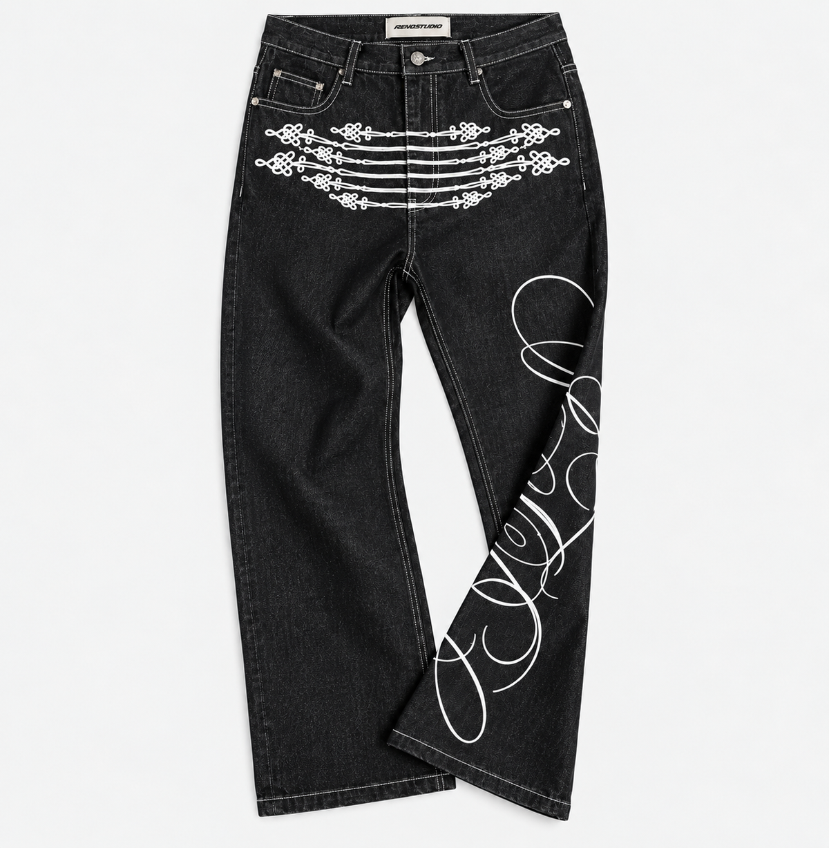 Rope-Stitched Raw Denim Napoleon Flare Jeans