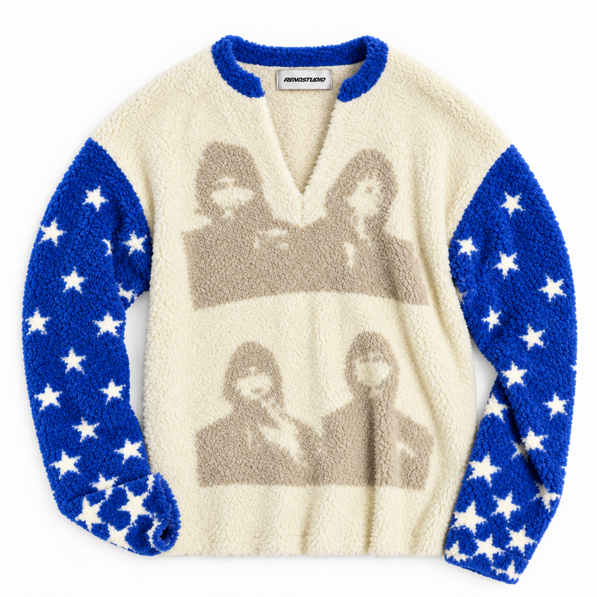 Star Portrait Faux Fur Contrast Knit Sweater