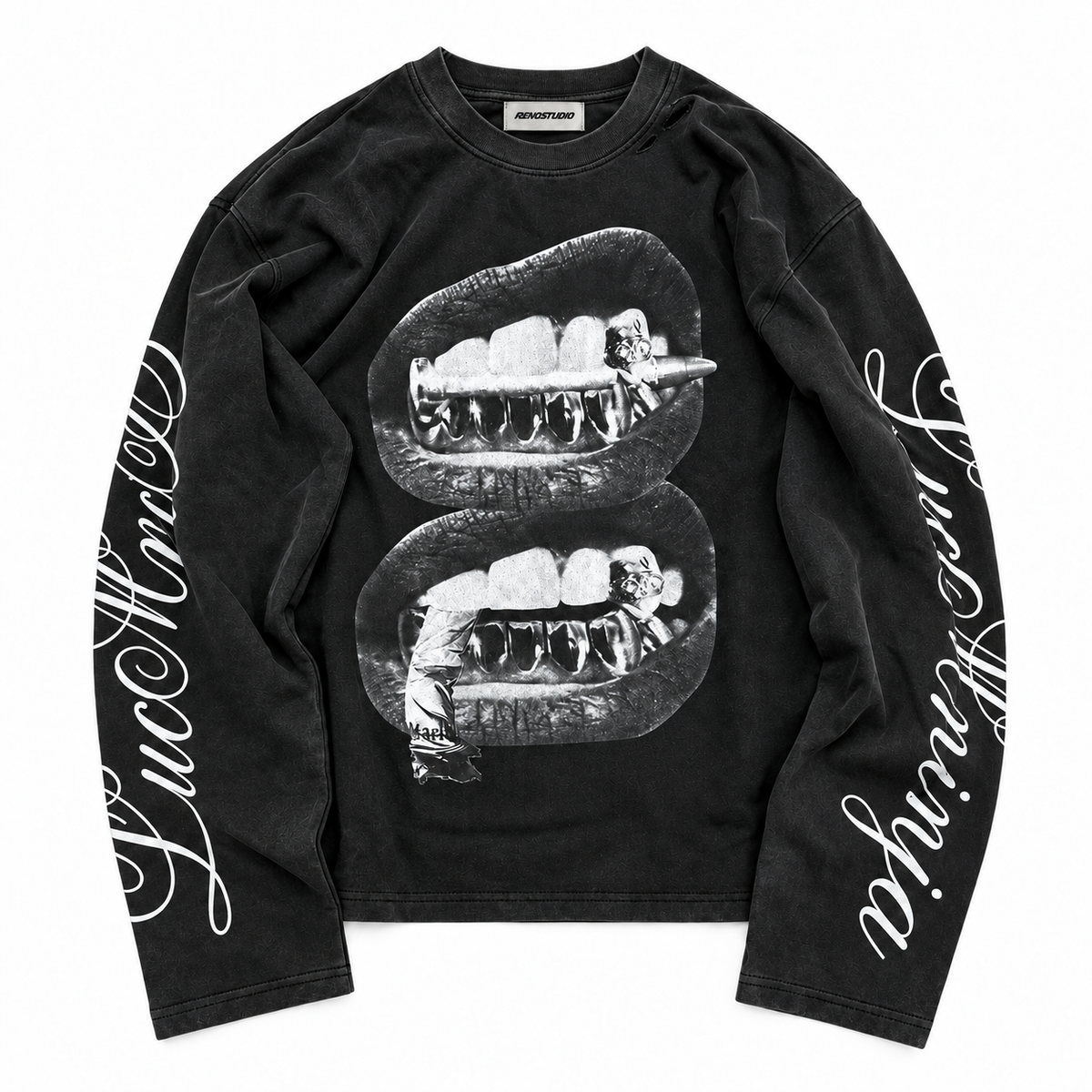 Gun & Lips Script Graphic Vintage Long-Sleeve Tee