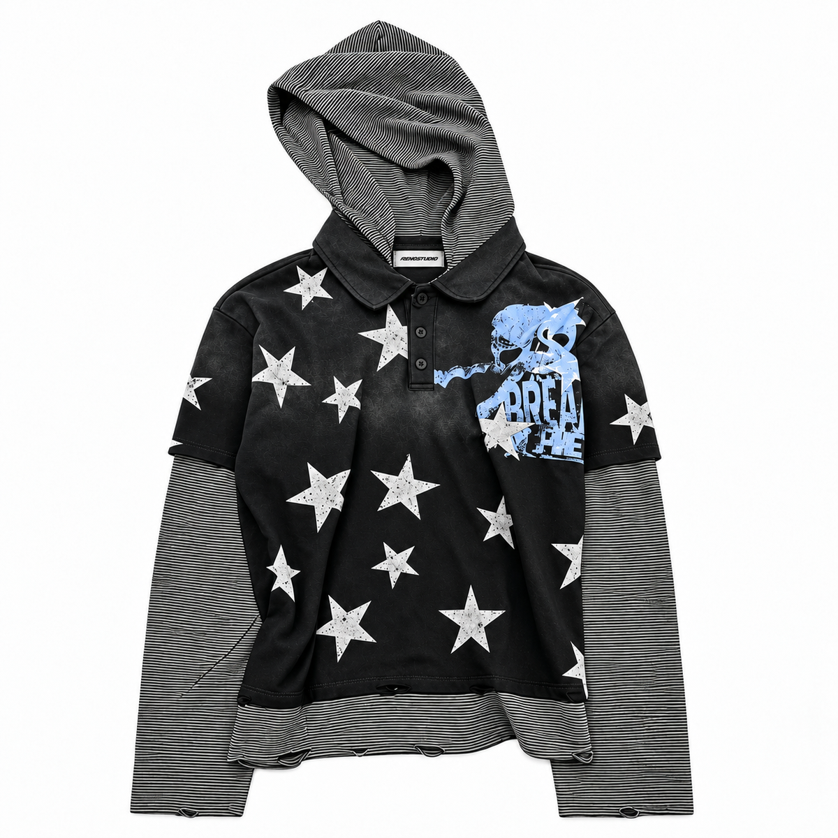 Dark Star Skull Layered Hooded Y2K Long-Sleeve Tee