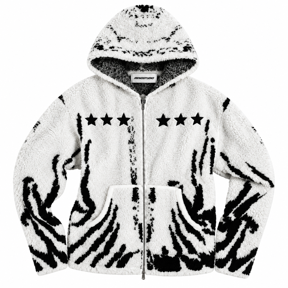 Faux Fur Tiger Gradient Star Knit Zip Cardigan