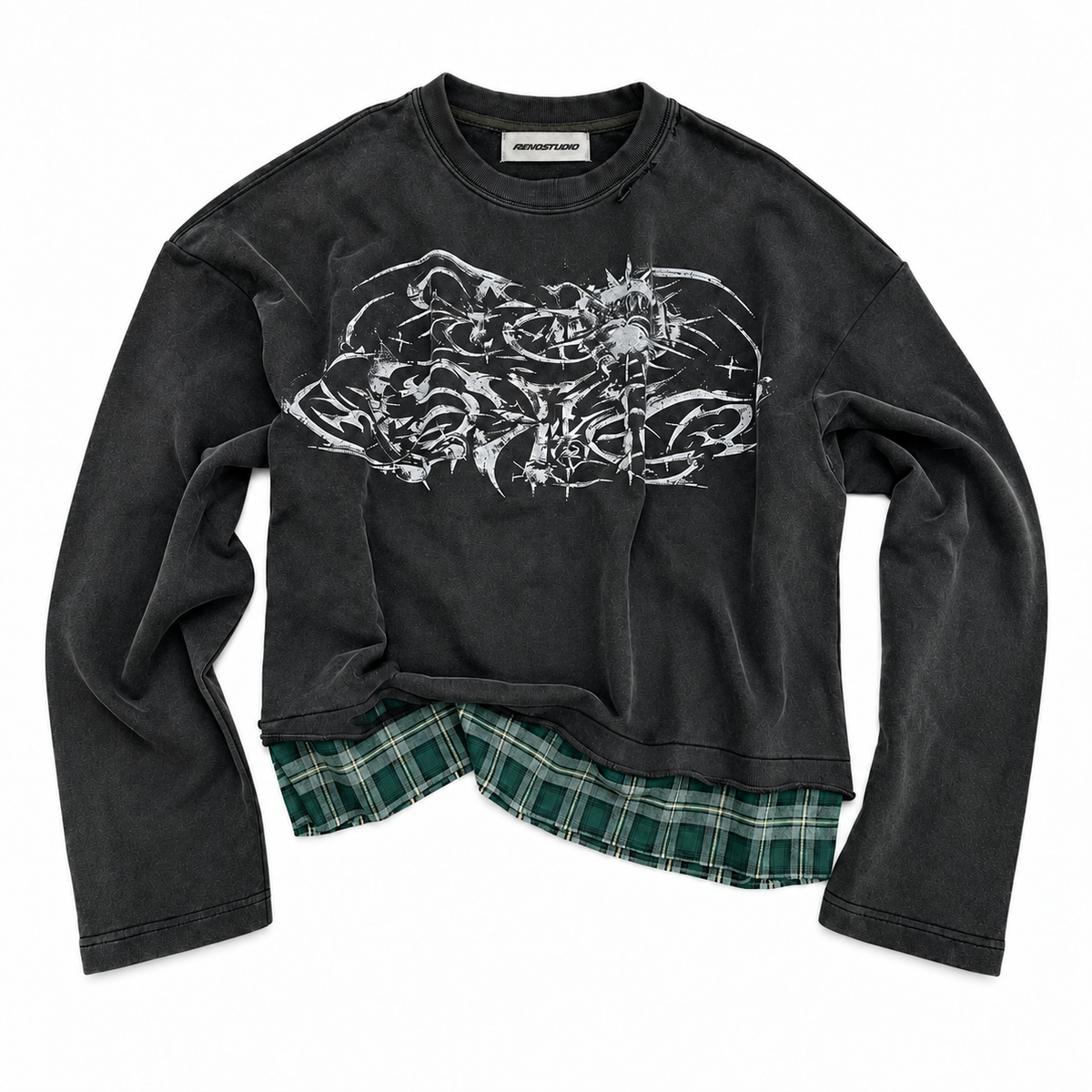 Distressed Plaid Layered Streetwear Crewneck