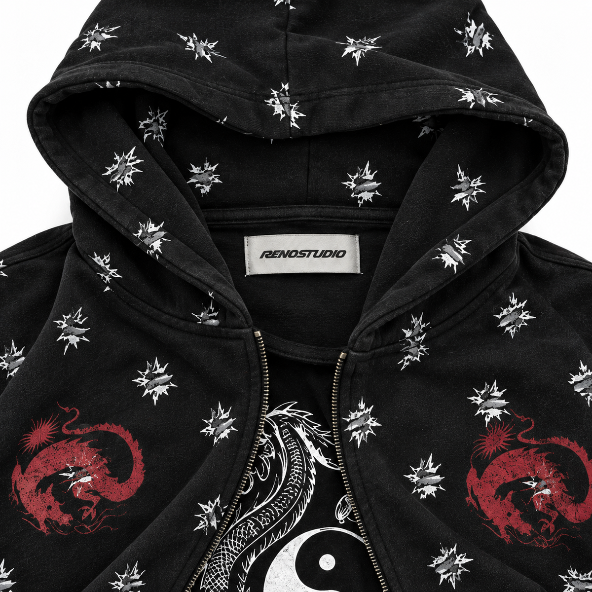 Yin Yang Dragon Embroidered Cropped Zip Hoodie