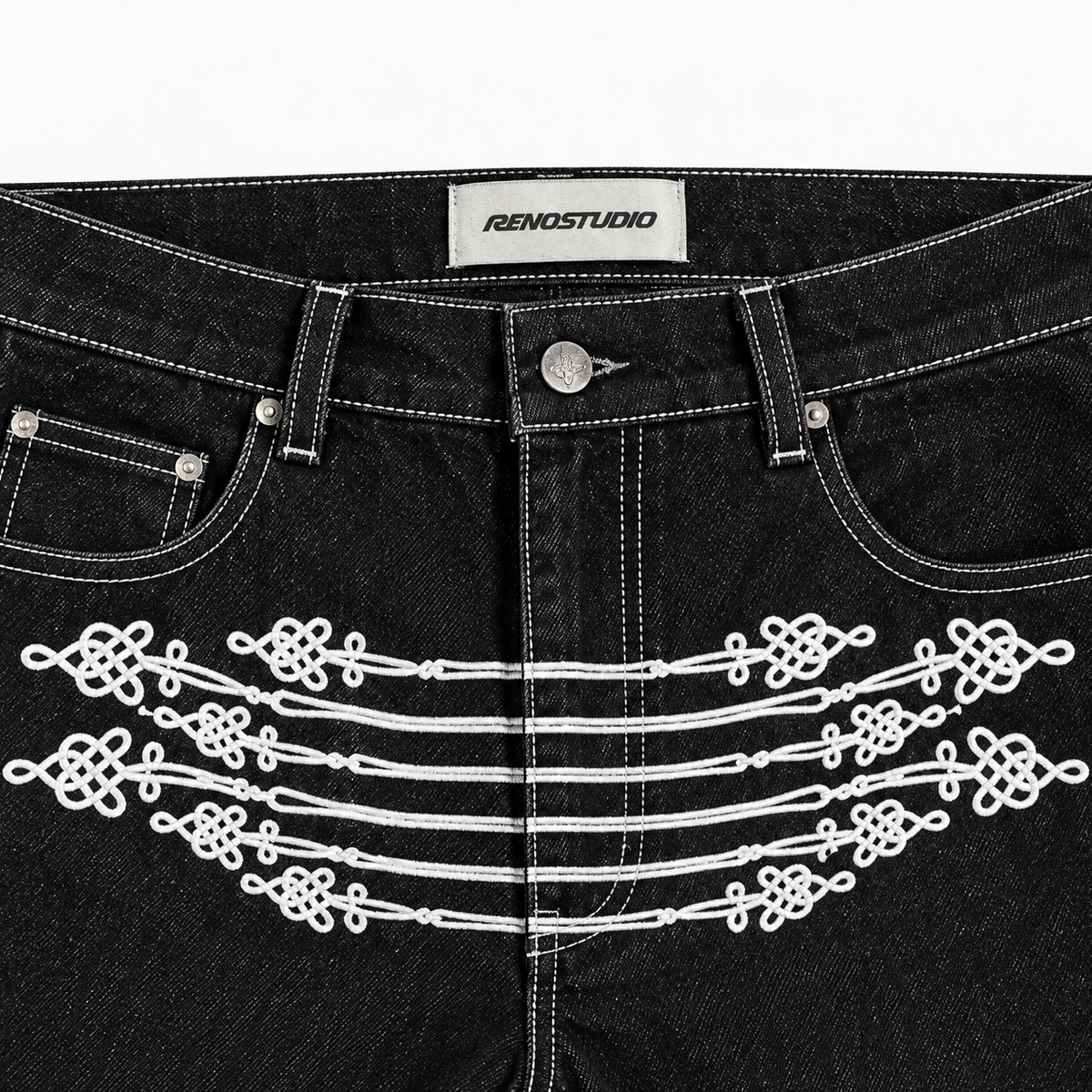 Rope-Stitched Raw Denim Napoleon Flare Jeans