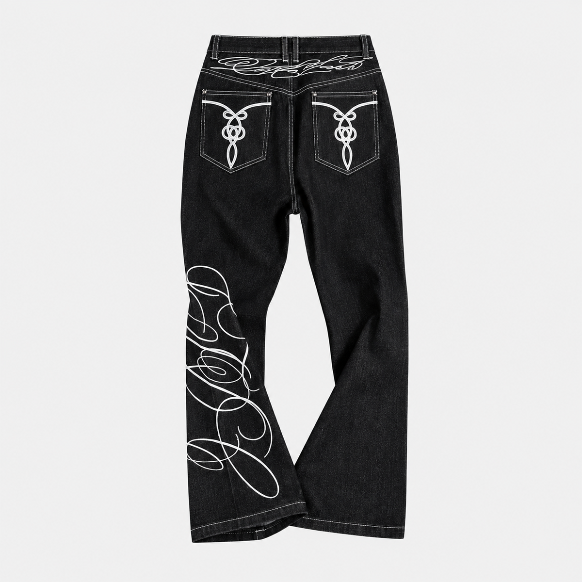 Rope-Stitched Raw Denim Napoleon Flare Jeans